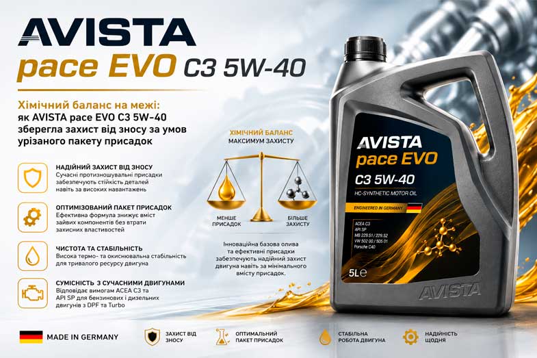 Хімічний баланс на межі: як AVISTA pace EVO C3 5W-40 зберегла захист від зносу за умов урізаного пакету присадок
